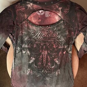 Affliction Red and Black Graphic Long Sleeve